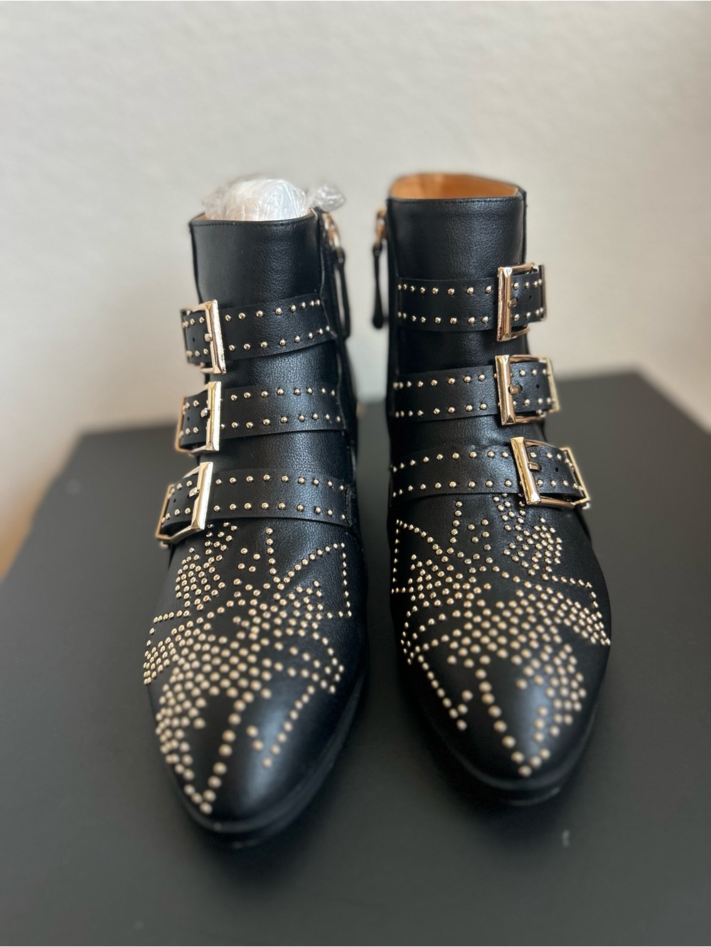 NEW Black & Gold Studded Triple-Buckle Ankle Boots Size 37/7